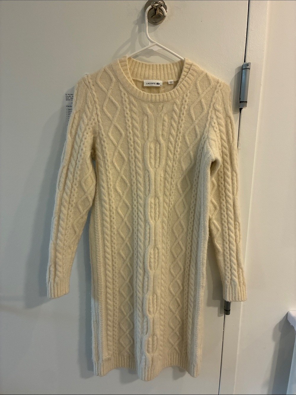 Lacoste Alpaca Cream Cable-Knit Crewneck Sweater Dress